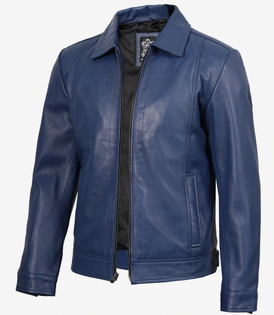 Herren Blau Echt Leder Harrington Jacke
